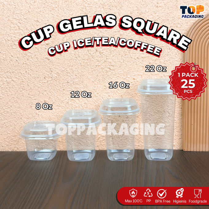 ถ้วยแก้วสี่เหลี่ยม + ฝาพลาสติกใสหนา 8 12 16 22 ออนซ์น้ําผลไม้เครื่องดื่มภาชนะขนมหวานเยลลี่