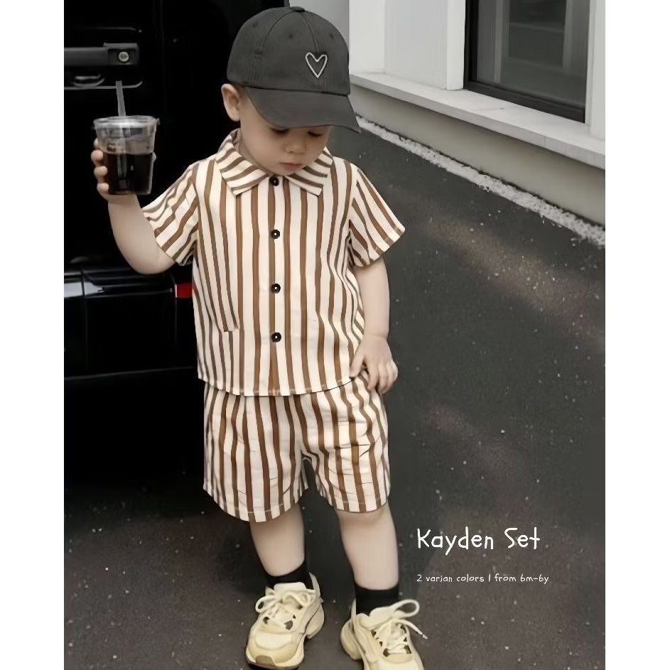 KEMEJA DearRussell Kayden Set Kid Striped Childrens Suit Shirt Pants Short Premium