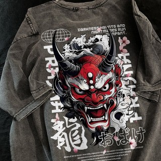 Disneay Baju Kaos Pria | Topeng setan merah tradisional Jepang “Hannya”Bunga Sakura Cetak Pola Graffiti Kaos Washed | Vintage Amerika Street Style Kaos Pria Distro Original 100%
