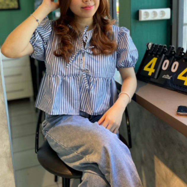 KATUN GLAM JANE TOP - เสื้อสตรีCoquetteเสื้อเกาหลีริบบิ้นCoquetteด้านบนลายผ้าฝ้ายCrop Topพัฟแขนเสื้อ