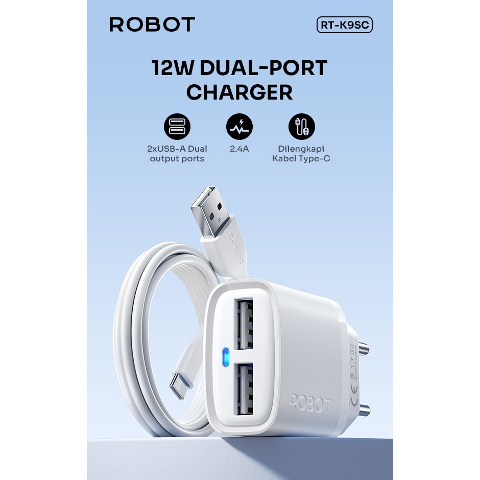 Travel Adapter Robot RT-K9SC 2.4A Dual Port Usb Free Micro / Type C Data Cable