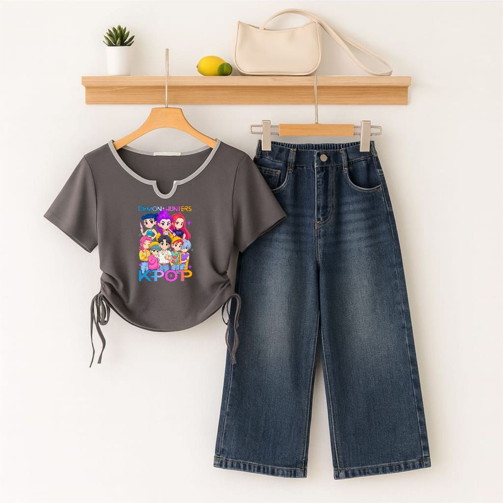 KATUN Huntrix Kpop Demon Hunter Viral Girls Set วัสดุผ้าฝ้ายพรีเมี่ยม ชุดเสื้อยืดและกางเกงยีนส์ เคป๊
