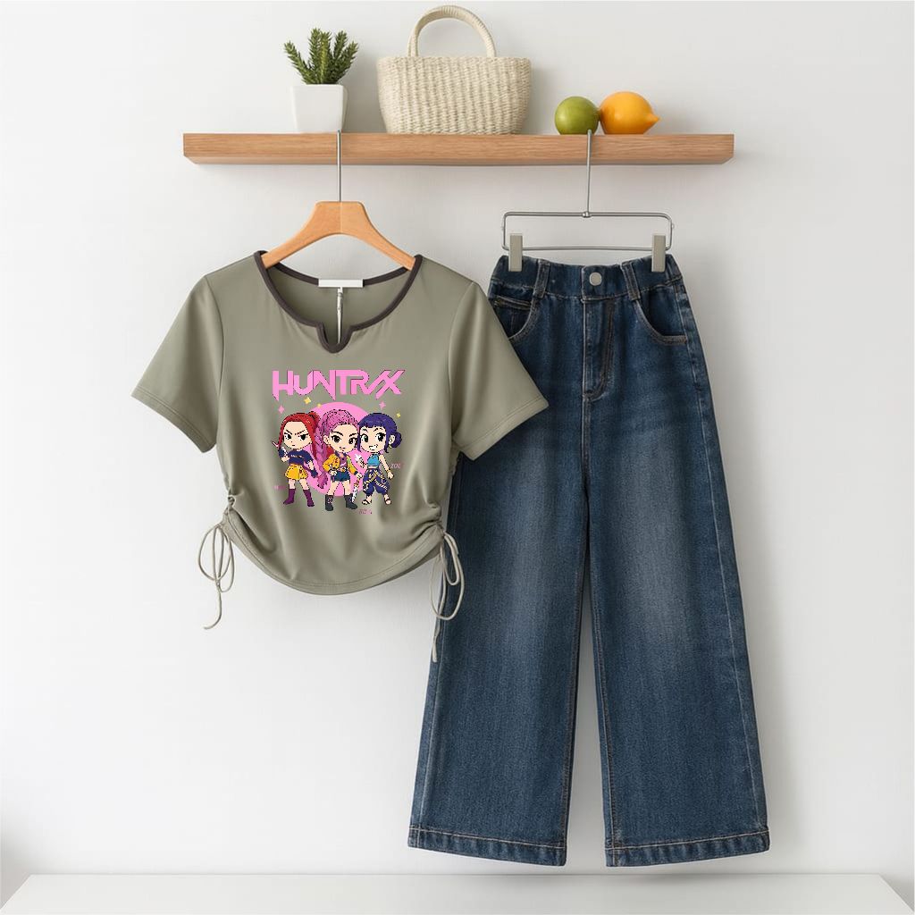 KATUN ชุดเด็กผู้หญิง Huntrix Kpop Demon Hunter ผ้าฝ้ายและกางเกงยีนส์ Culottes เสื้อยืดอายุ 1-12 ปีขน