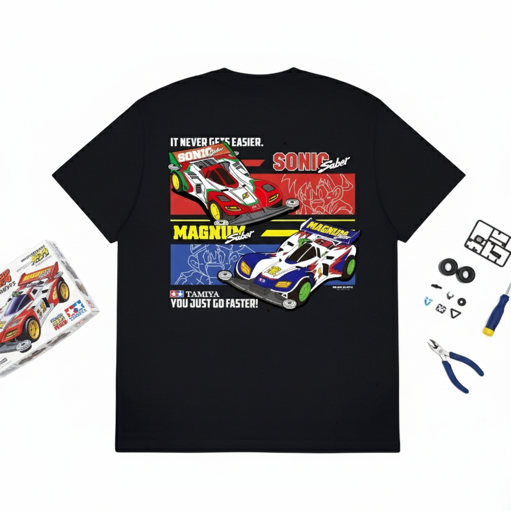 GILAN อะนิเมะเสื้อยืด Lets & Go Magnum Saber Sonic Saber Tamiya Unisex สีดํา Oversize ผู้ชายผู้หญิงเ