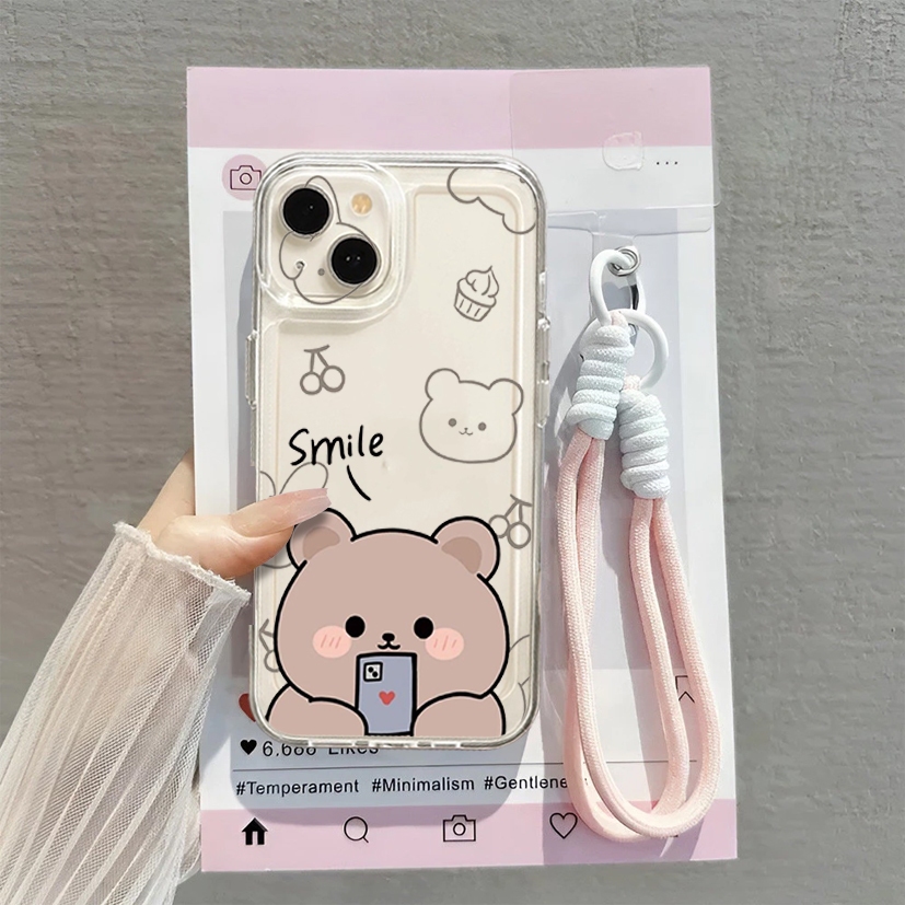 [ เคส+สายรัดรองรับ] เคสใสเคลือบเงาการ์ตูนลายสําหรับOppo A15 A16 EK A17 K A18 A3S A39 A31 A38 A3 PRO 