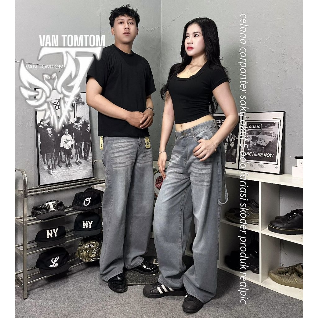 ช่างไม้กางเกงยีนส์ Whisker Unisex Baggy Streetwear กางเกง