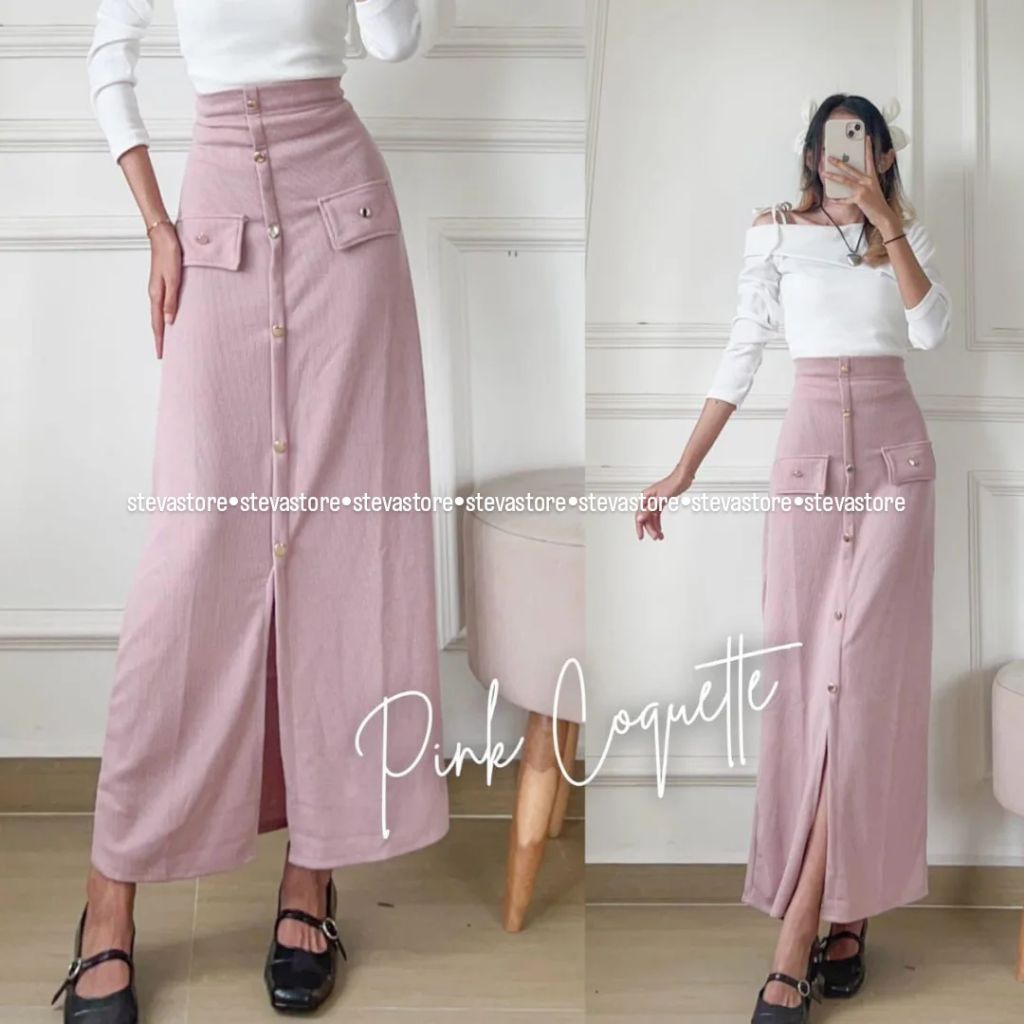ร้านสเตวา | RAQUELLE BUTTON SKIRT วินเทจ SKIRT ความงาม ปุ่มสีชมพู Coquette Snowrib