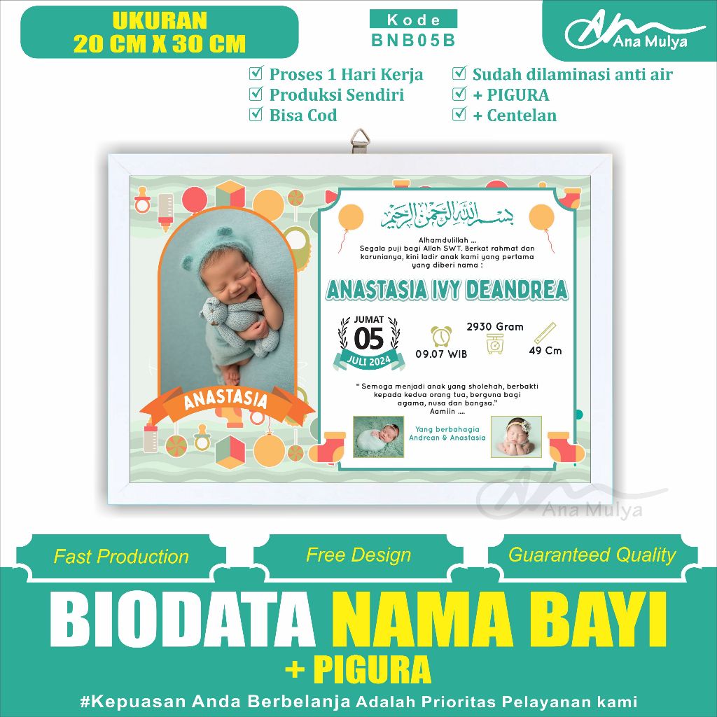 BABY BIRTH BIODATA + PICTURE SIZE 10RS 20 CM X 30 CM ANA MULYA BNB05