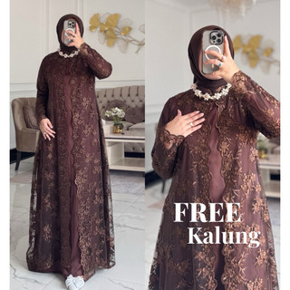 NNFASHION ~ Jenna Dress  Free Kalung Gamis Wanita Muslimah Brukat Kondangan BURGUNDY Mahogany Silk