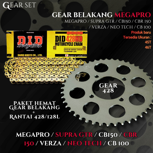 REAR GEAR PACKAGE + CHAIN DID 428 128L HD CBR 150 คาร์บอน CBR150 CBU CBR 150 K45A K456 MEGAPRO VERZA