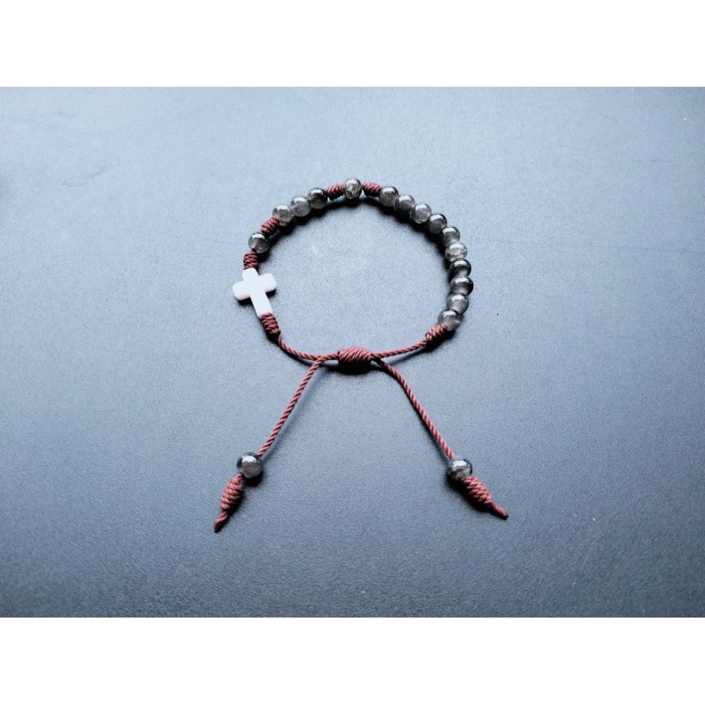 G652 HEAVY PEARL ROSARY BRACELET JADE GLASS CRYSTAL CATHOLIC CROSS BRACELET