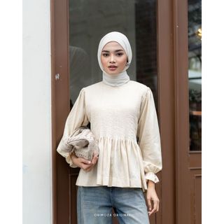 Orimoza Peony Pleats Blouse Korean Ballon Sleeve Polo Linen Impor