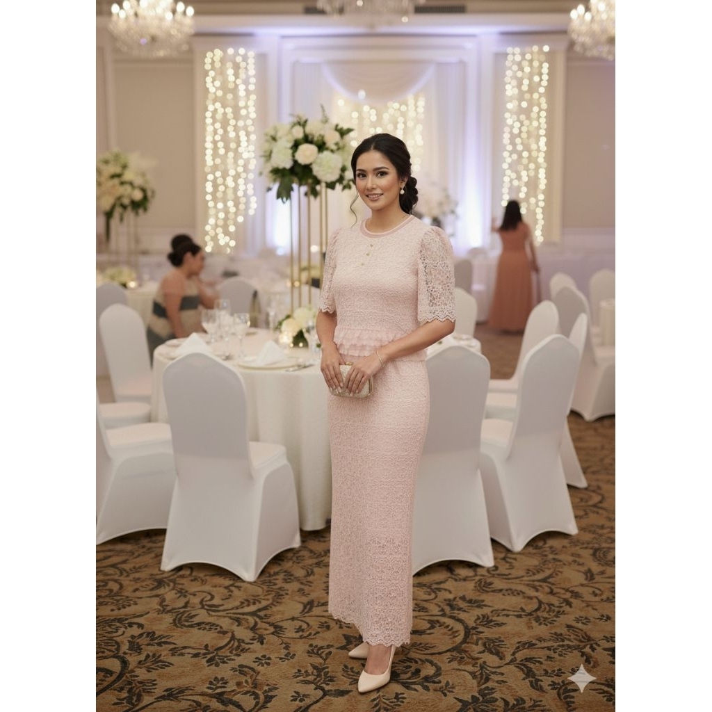 เดรสโบรเคดสีชมพูนุ่มสวยแขนสั้น71031/JeshopFashionPremium ชุดทางการ