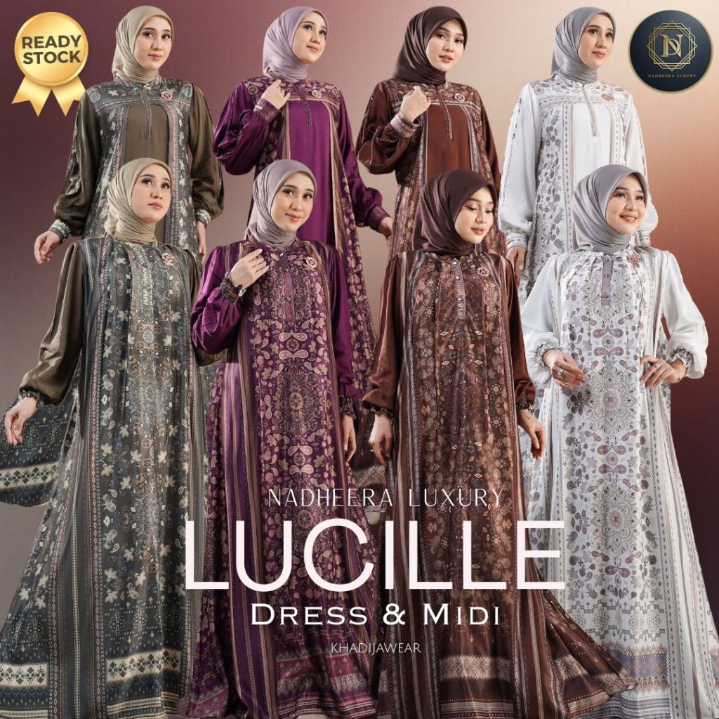 LUCILLE DRESS MIDI NADEHEERA LUXURY GAMIS WITH THE LATEST SATIN MOTIF, PREMIUM SILK RAYON