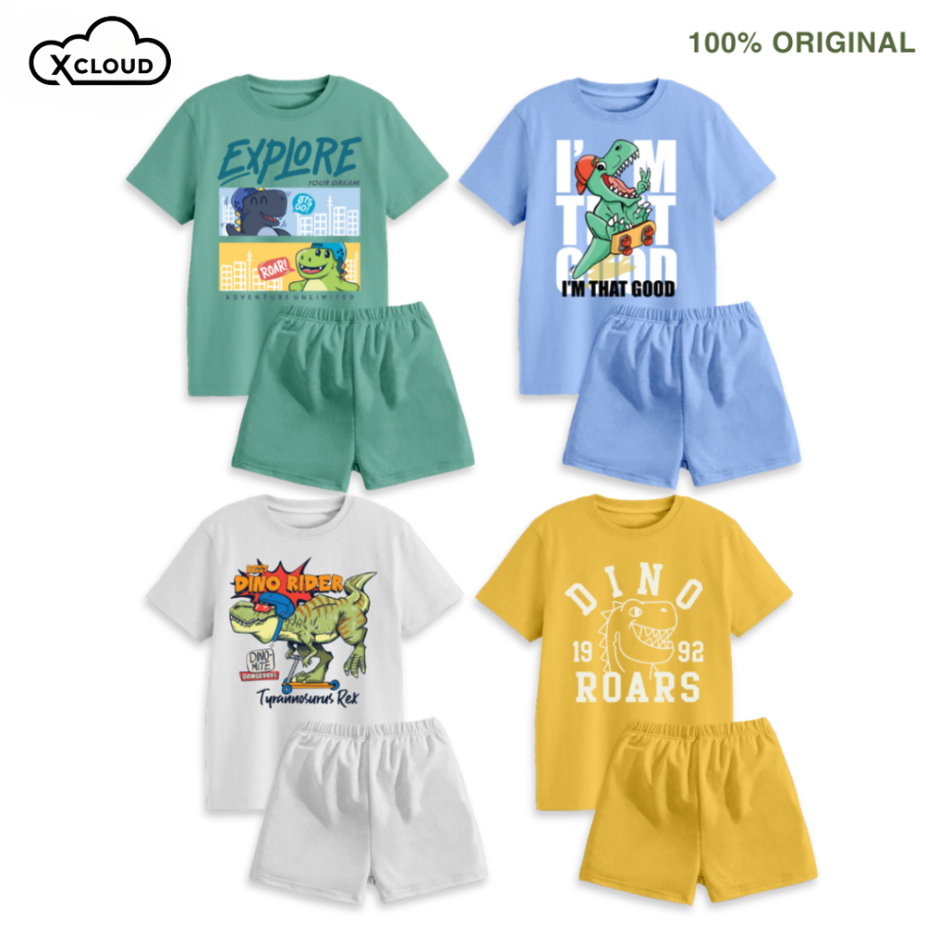 ชุดเสื้อยืดเด็ก Xcloud with Dino Motif Series 1 เสื้อผ้าเด็กน่ารักสําหรับเด็กชายและเด็กหญิงวัสดุผ้าฝ