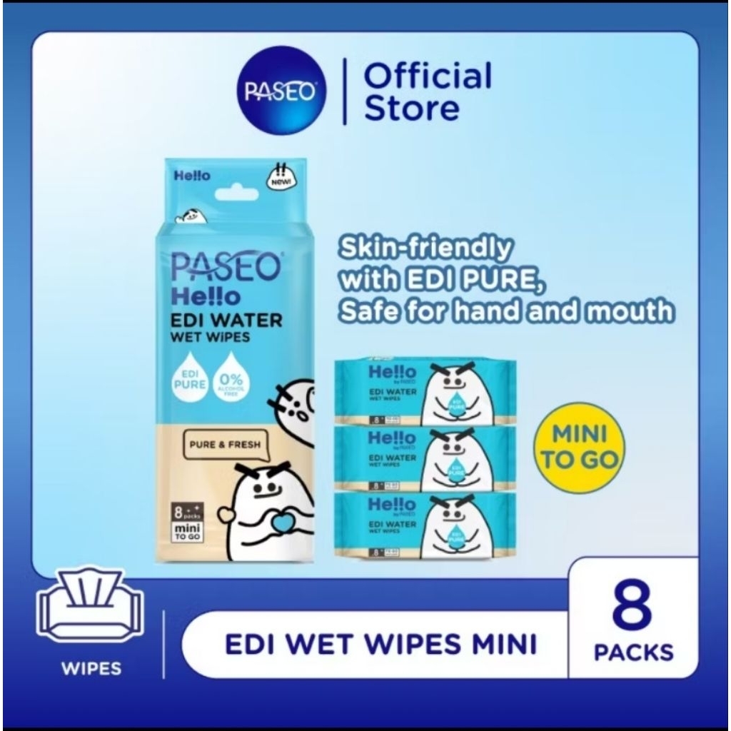 Paseio Hello EDI Pure Water Wet Wipes Mini / Wet Wipes To Go 8 Pack