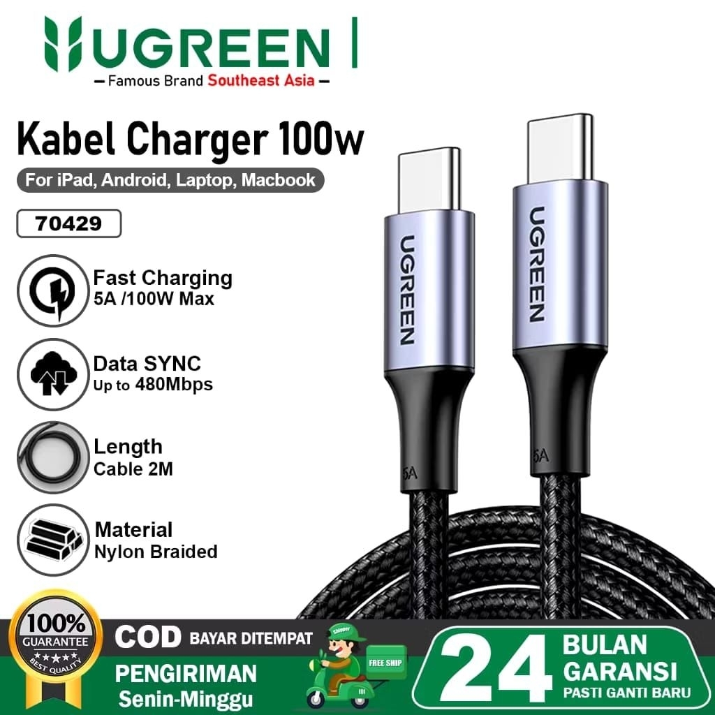 UGREEN USB Type C to Type C Nylon Braided PD Fast Charging Data Cable 100W Max 5A 2 เมตร 70429