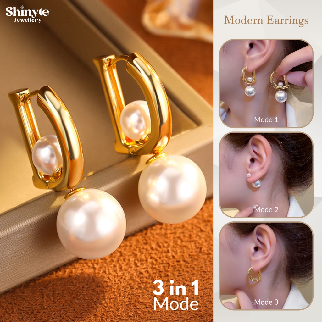 Shinyte Official Store ผู้หญิง Hijab Pearl ต่างหูพรีเมี่ยม 3 in 1 Letter D Gold เงินสเตอร์ลิงหรูหรา 