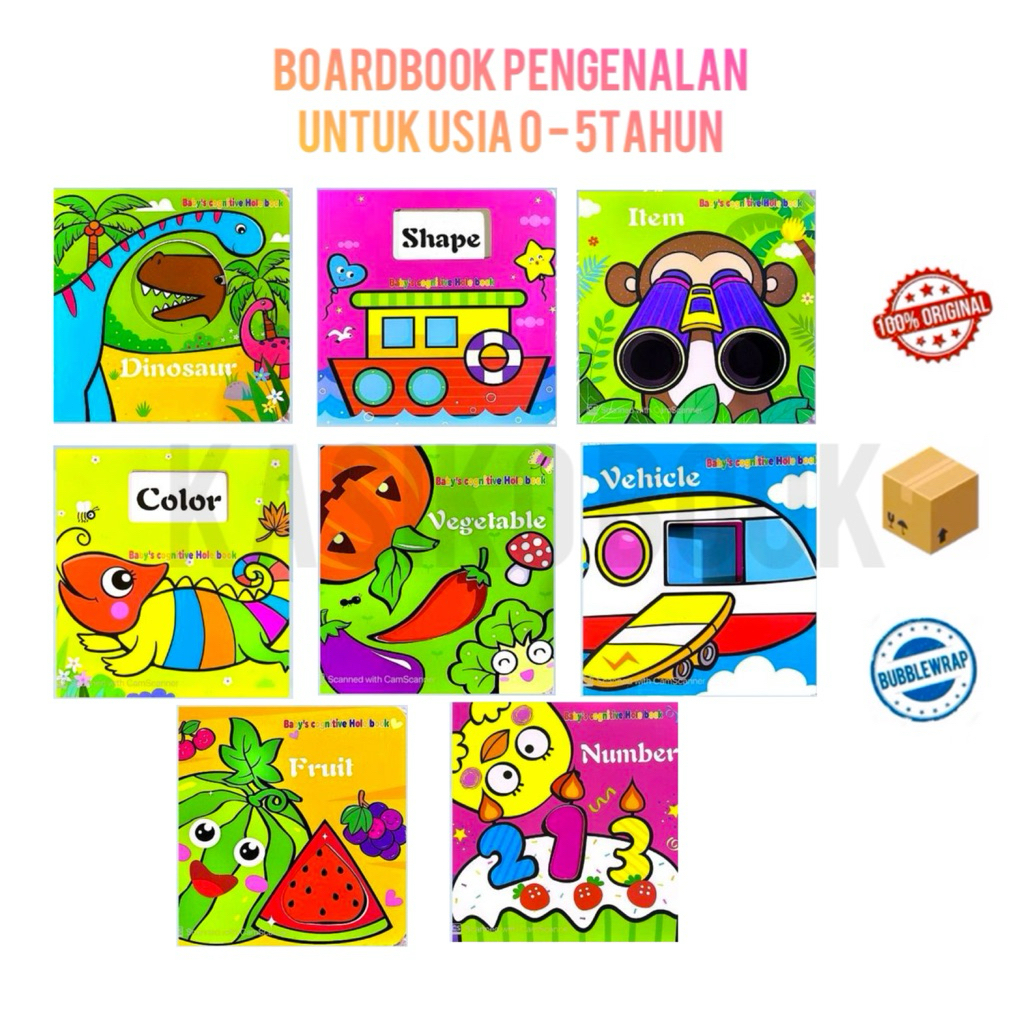 BOARDBOOK BABY COGNITIVE HOLE BOOK เบื้องต้น, หมายเลขหมายเลข, ผักผลไม้, สี, DINOSAURUS, SHAPE, VEHIC