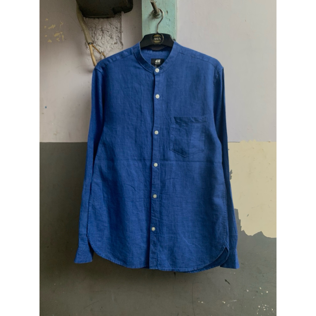 KEMEJA H&M เสื้อเชิ้ตผ้าลินินธรรมดา shanghai คอปกผู้ชายแขนยาว shb.11.08