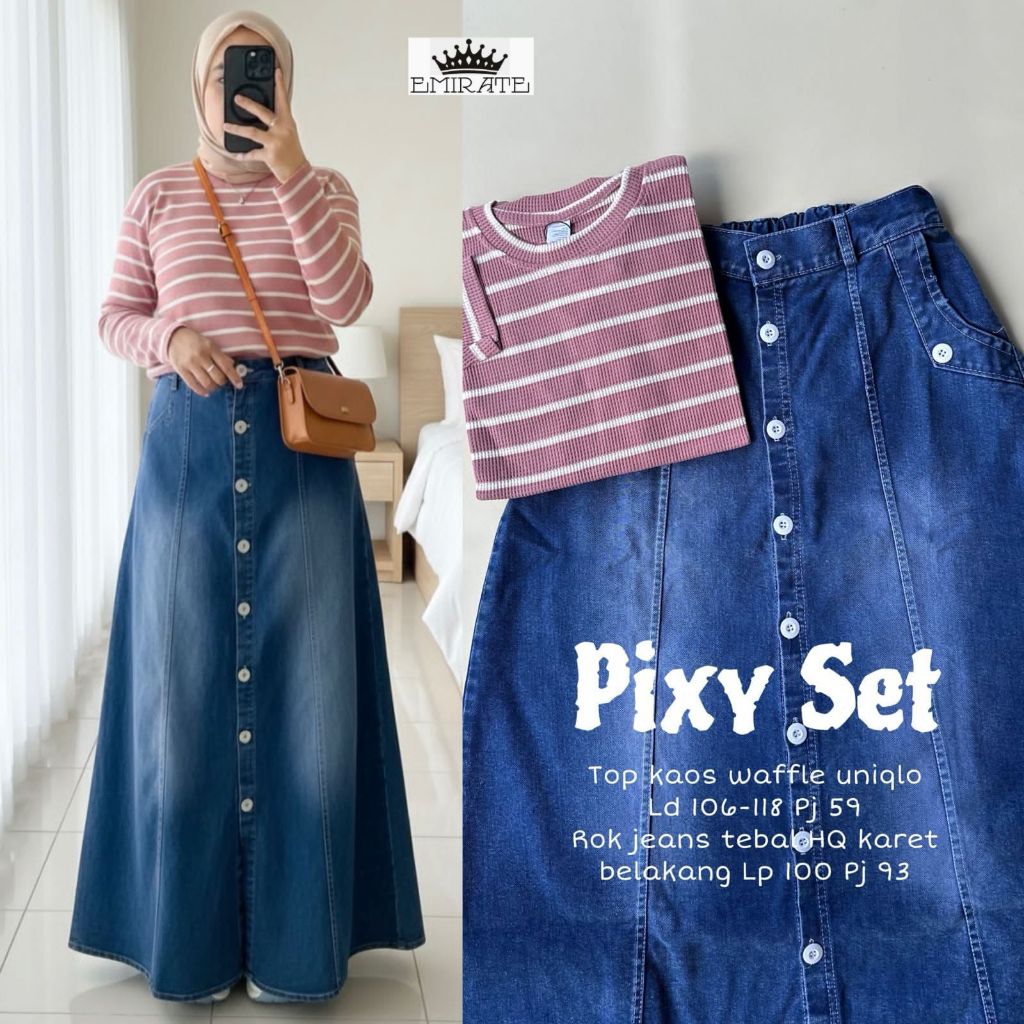 PIXY ONE SET HIJAB JEANS SKIRT AND KNIT BLOUSE