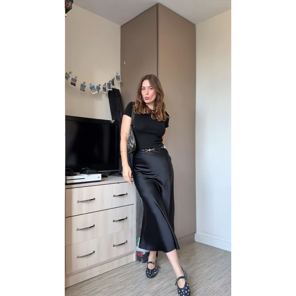 BN739 Shop at Velvet Black Satin Midi Skirt
