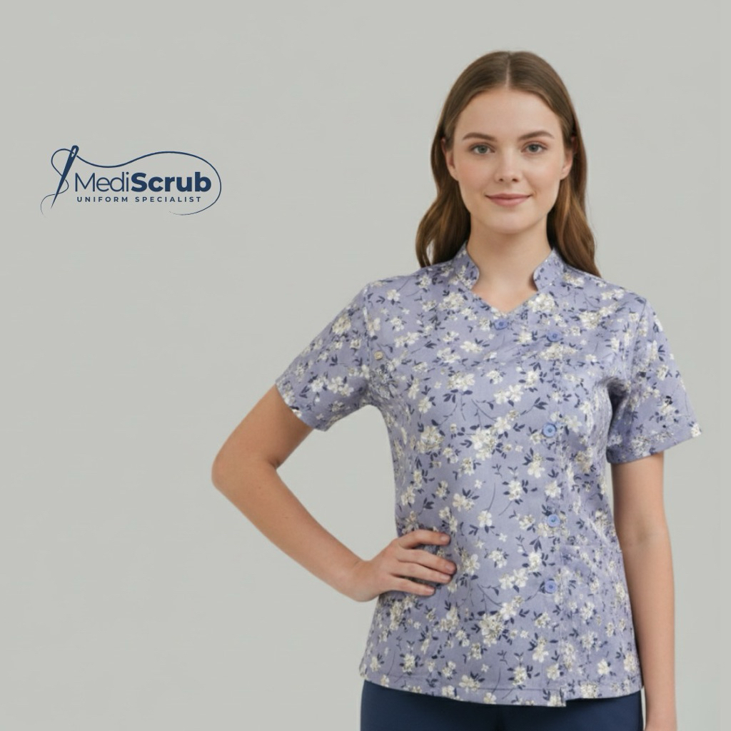 MEDISCRUB - SHANGHAI COLLAR SCRUB MOTIF - OK Doctor Nurse Medical Uniform