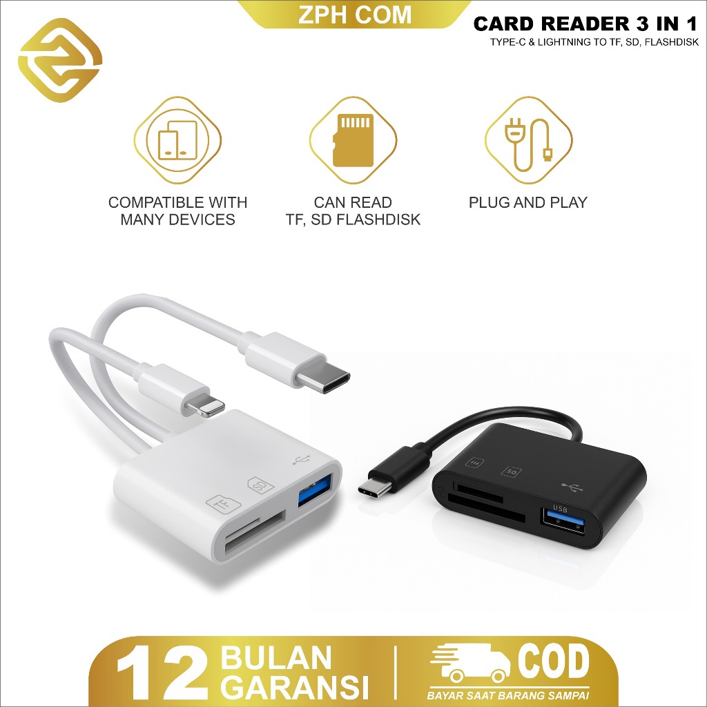 เครื่องอ่านการ์ด Zph com 3in1 OTG HUB Micro USB และ Type C - Lightning - USB Flashdisk - การ์ด SD - 