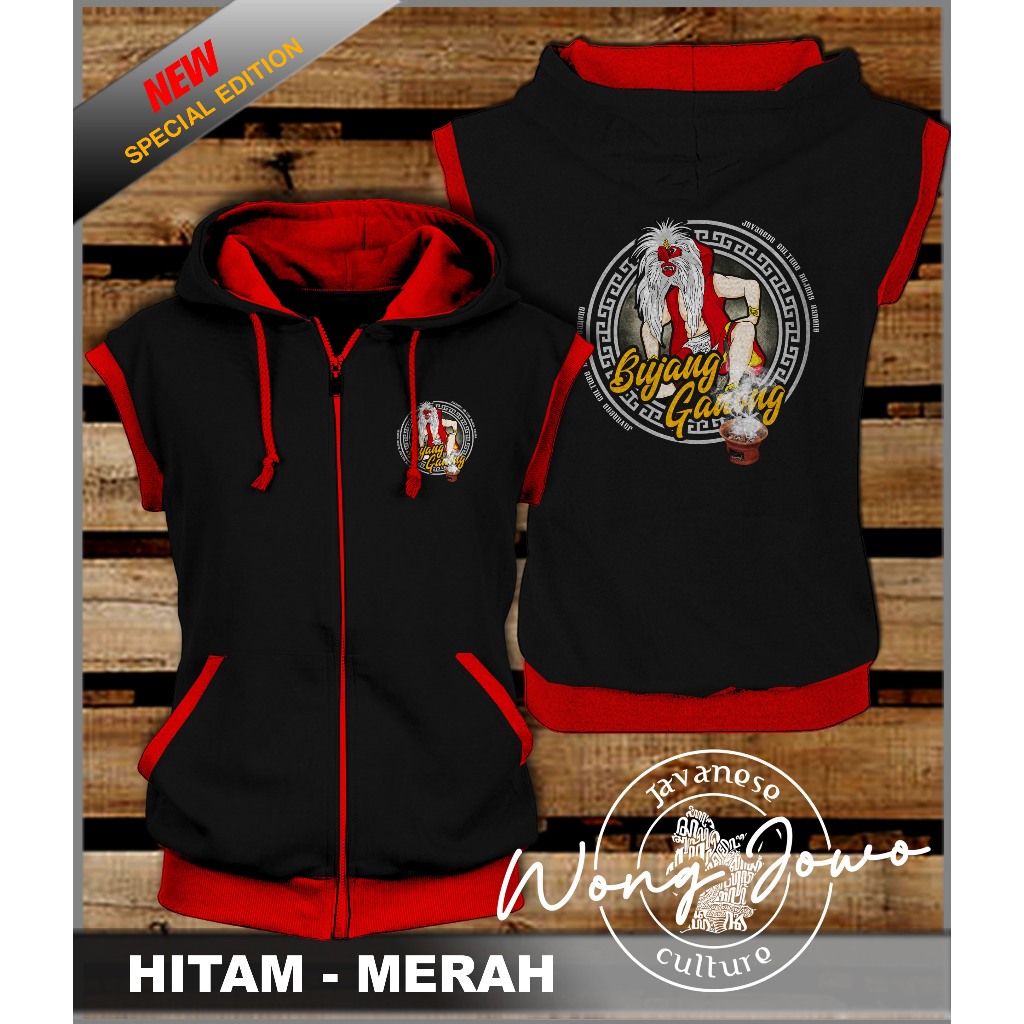 MERAH JARAAN BUJAANG GANONG HOODIE ZIPPER VEST JACKET สีดํา - สีแดง