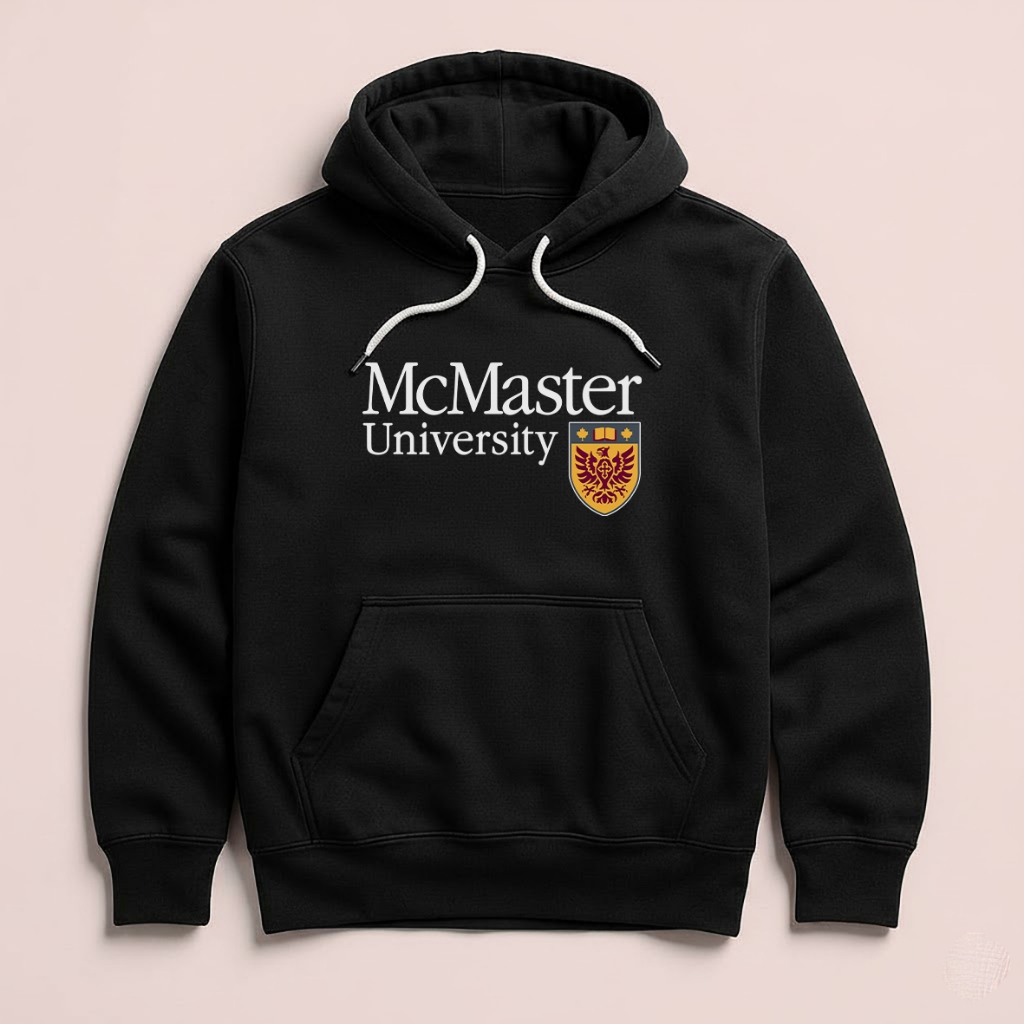 McMaster University Canada เสื้อกันหนาว Unisex เสื้อฮู้ดผ้าฟลีซ ผ้าสีดํา
