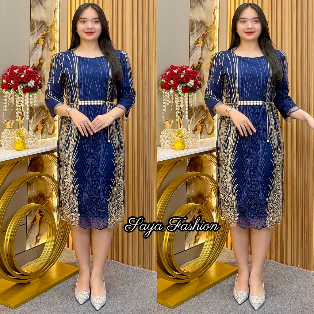 Midi Dress Span Tile เย็บปักถักร้อยเต็มรูปแบบฟรีเข็มขัดไข่มุก 5440 41 Slim Womens Party Dress