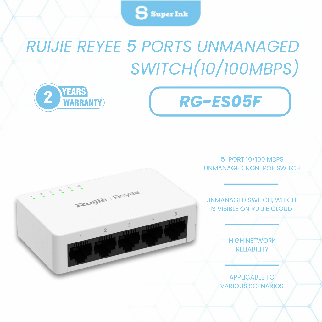RUIJIE Reyee RG-ES05F Switch 5 พอร์ต Fast Ethernet 10/100 Mbps, Fanless, ใช้งานร่วมกับ Ruijie Cloud