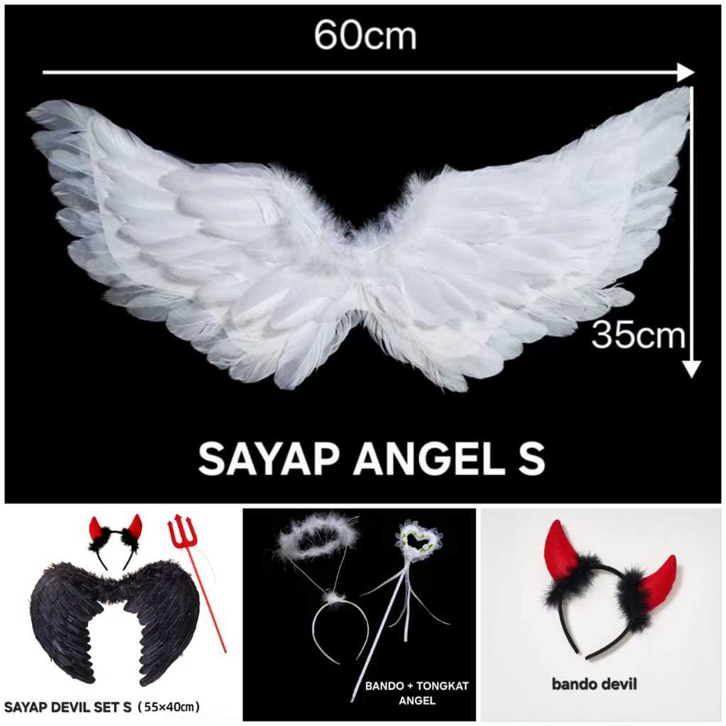 IDE ANGEL WINGS COSTUME สีดําและสีขาว FEATHER ANGEL COSPLAY FAIRY PARTY อุปกรณ์เสริม COSTUME EQUIPME