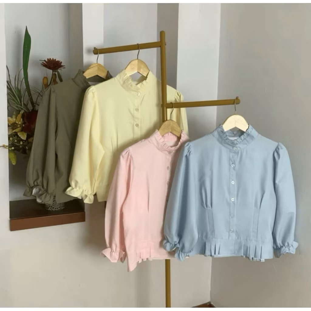 KEMEJA KATUN เสื้อสตรี Ruffle Collar บอลลูนลําลองเสื้อแขนยาวผ้าฝ้ายผ้าลินินสไตล์เกาหลี