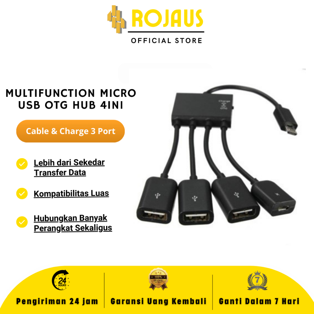 Rojaus มัลติฟังก์ชั่น Micro USB OTG Hub 4in1 Data Cable & Charge 3 พอร์ต - M3H4 - OMUA5ABK
