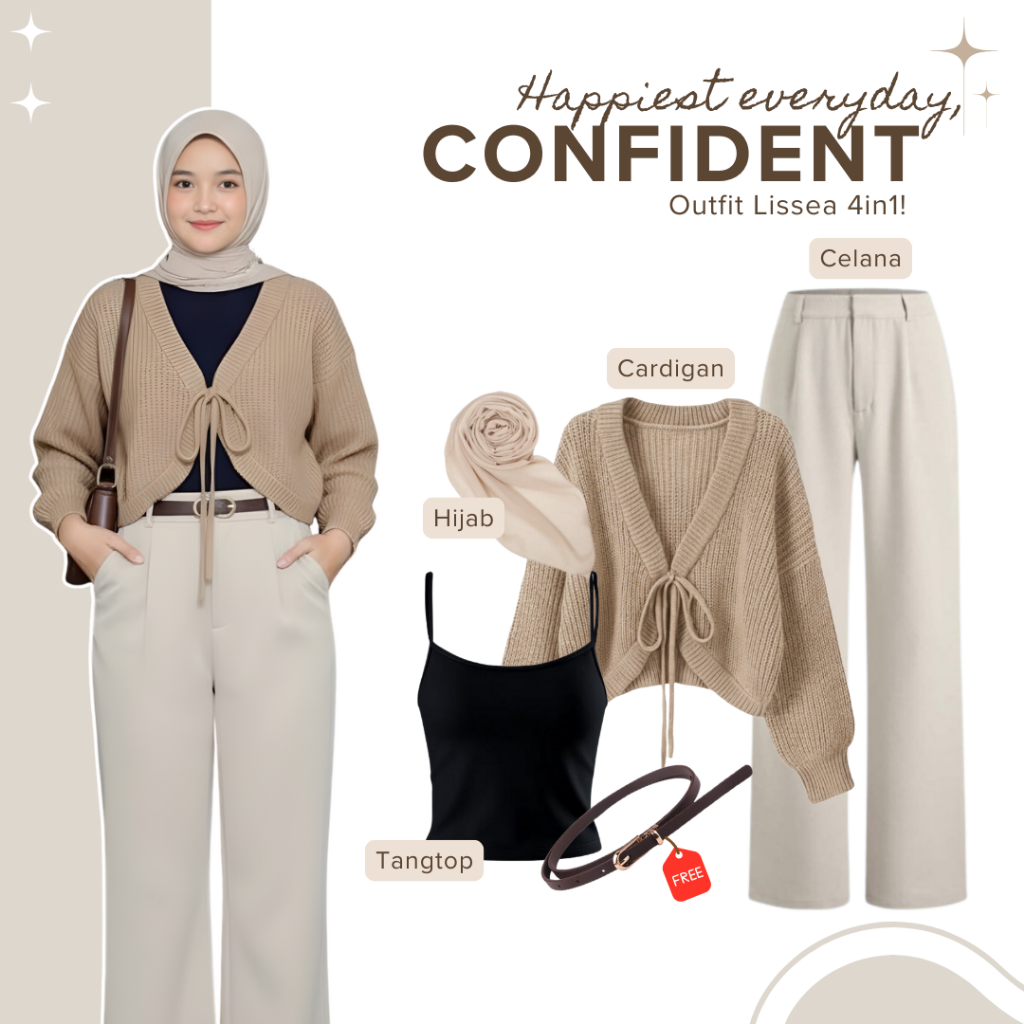One Set Outfit Hangout 4in1 (Cardigan + กางเกง Jennie + Tangtop + Hijab) ชุดสตรี Modern AMO72