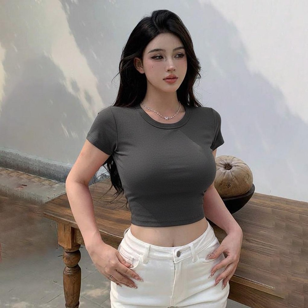 PLATINUM WORLD เสื้อครอปถักธรรมดา O คอ Fit Body - เสื้อเชิ้ตธรรมดาผู้หญิง L2