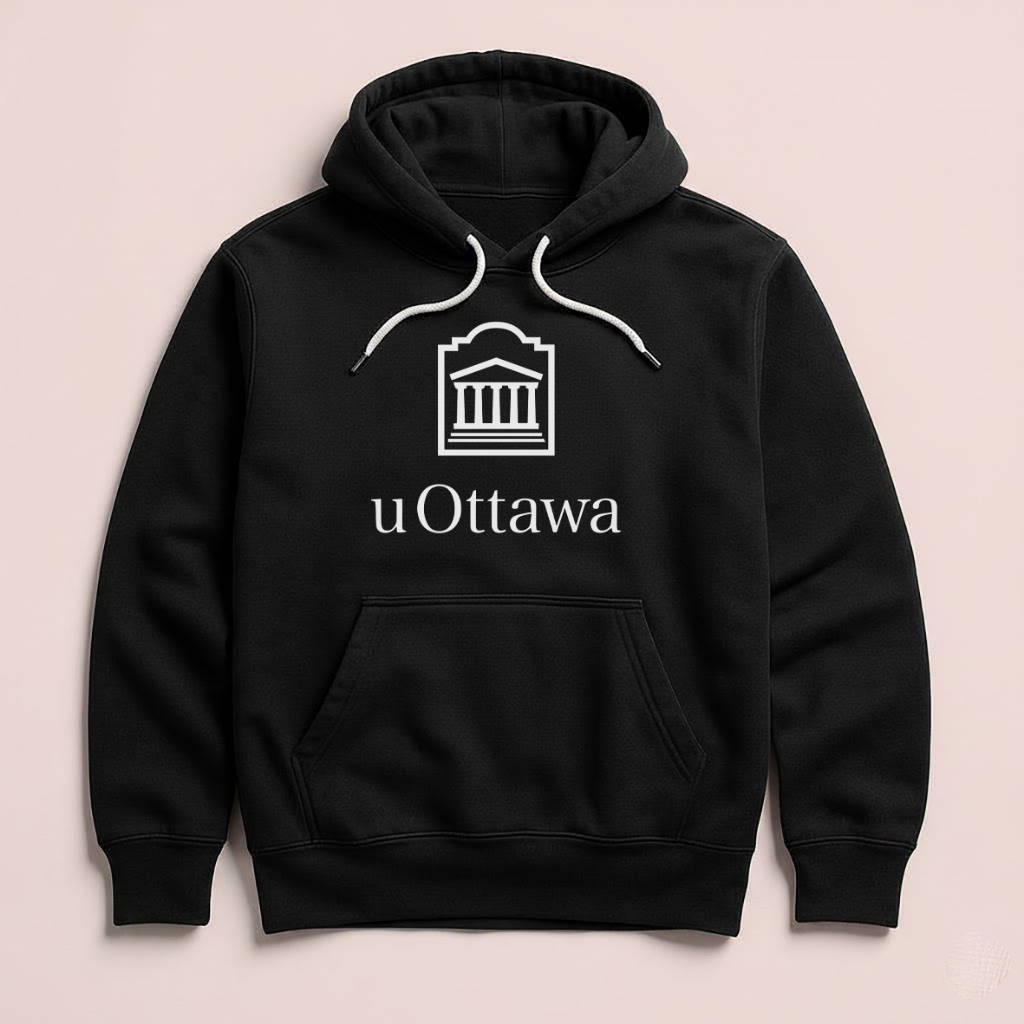 Hoodie University of Ottawa Canada เสื้อกันหนาว Unisex ขนแกะสีดําสีดําผ้า