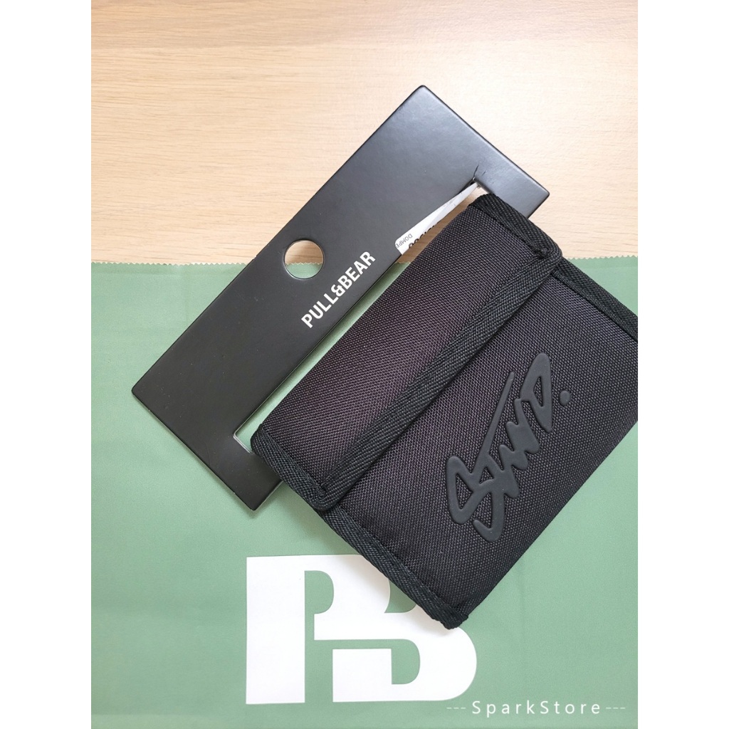 [ใหม่][ใหม่] Pull&Bear STWD Mens Canvas Folding Wallet Canvas Fabric Fold Wallet Black