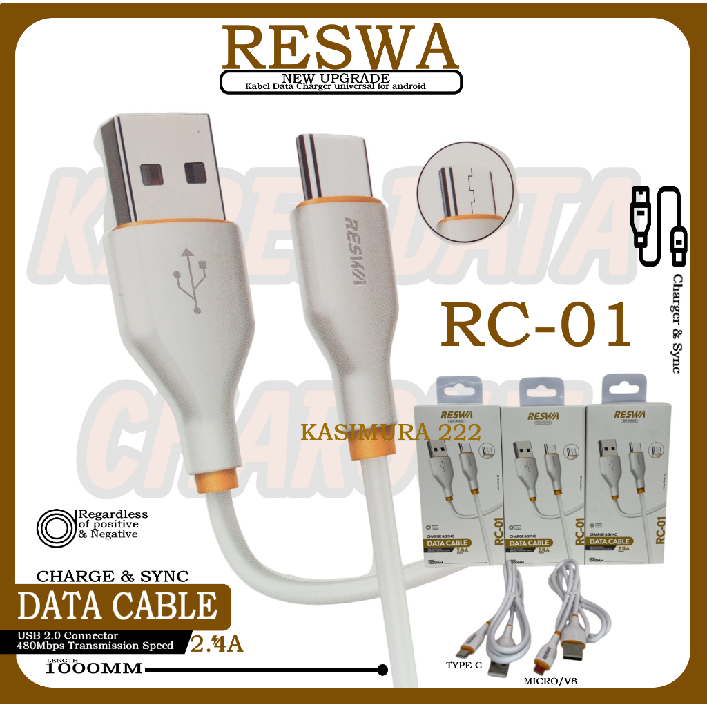 RESWA RC-01 USB To TYPE-C & MICRO/V8 Data Charger Cable Charge & SNYC / RC01 Charger Cable Output 2.