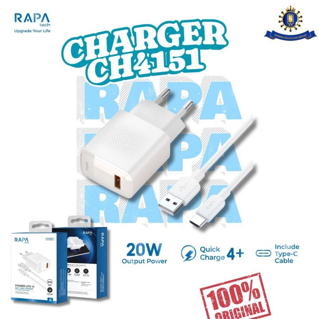 RAPAtech CH4151 POWER LITE lll QC4+ 20W Charger พร้อมสายเคเบิลข้อมูล Usb Type-C 100Cm