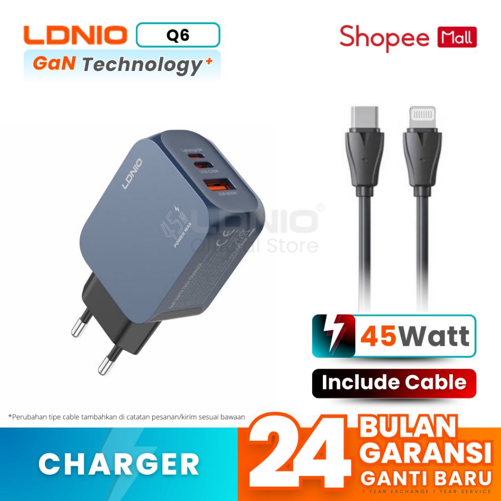 LDNIO Travel Charger Q6 GaN 45W 2 พอร์ต USB รองรับ PD QC 3.0 ชาร์จเร็วสุด