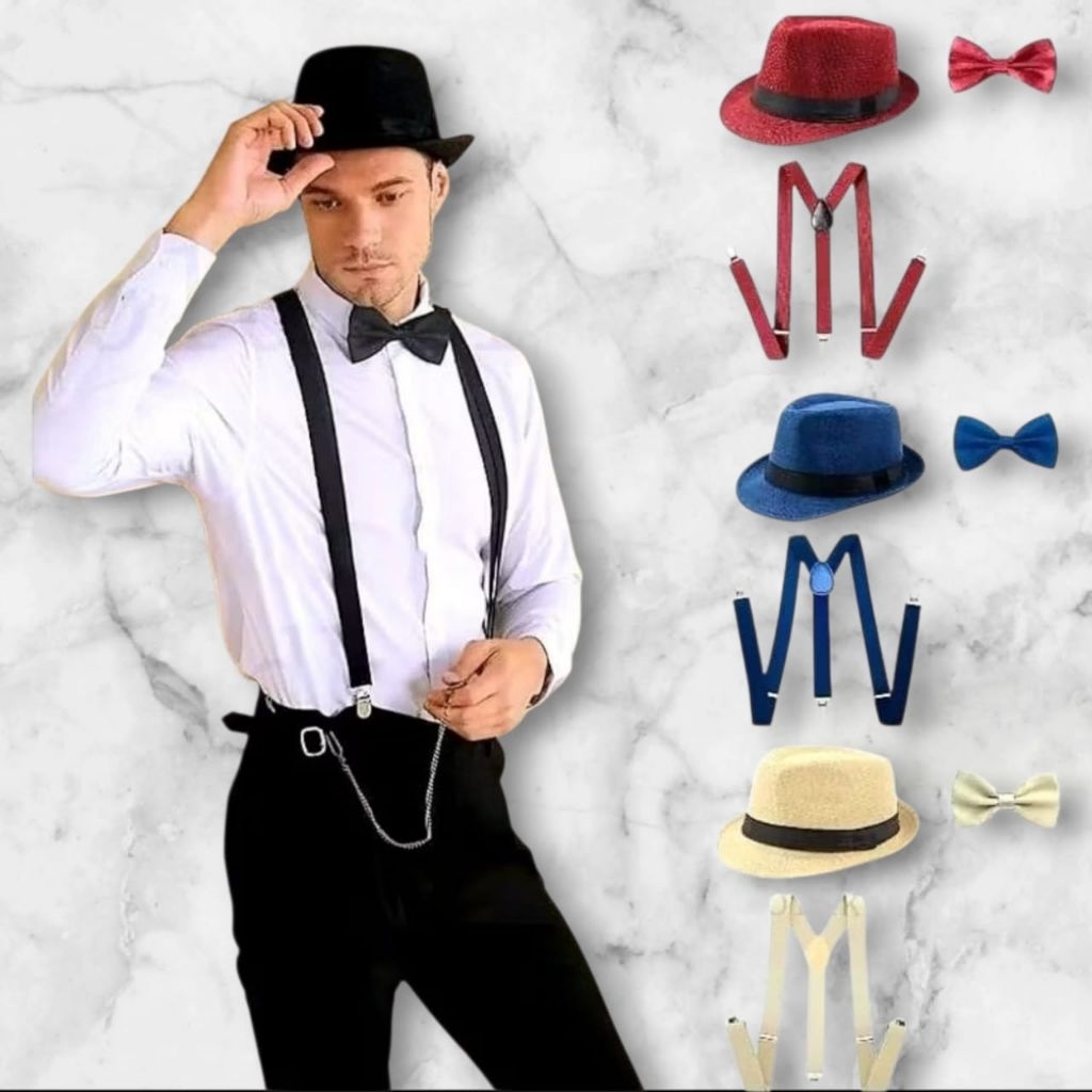 Style-3in1 Package of Black Fedora Susepender Hat and Bow Tie for Adult Men