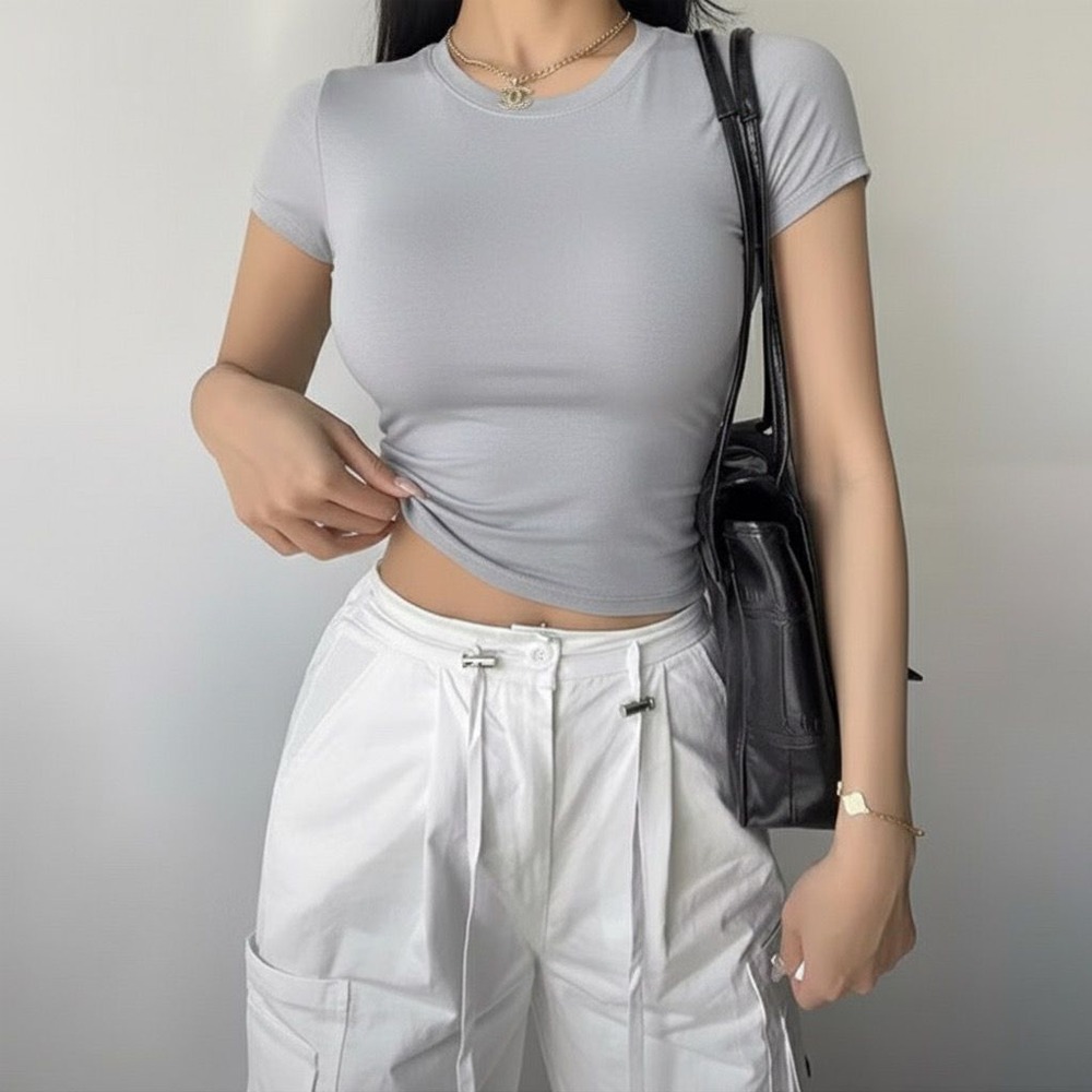 PLATINUM WORLD เสื้อครอปถักธรรมดา O คอ Fit Body - เสื้อเชิ้ตธรรมดาผู้หญิง X3