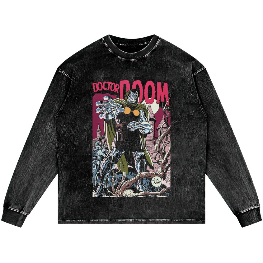 DOCTOR DOOM LONG SLEEVE STONE WASH OVERSIZED เสื้อยืด VINTAGE TEE UNISEX TOP COMICS CLOTHES