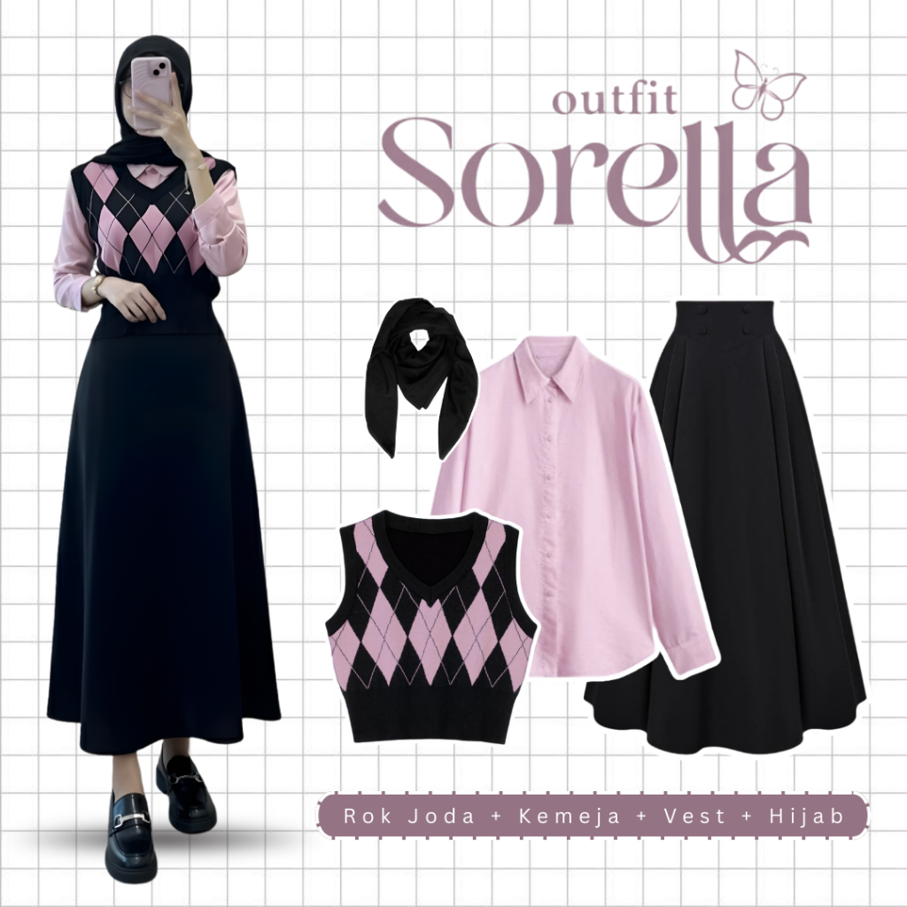 KEMEJA 4in1 Viral One Set Top เสื้อกั๊กถักสีชมพูเสื้อผู้หญิงกระโปรง Joda Hijab Bella Square - KA204