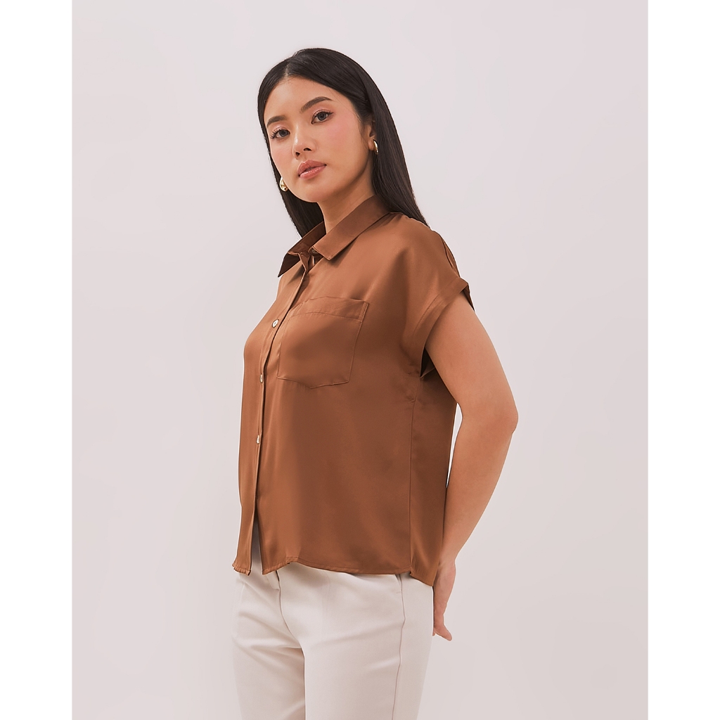 KEMEJA VALINO LADIES เสื้อเชิ้ตแขนสั้นผู้หญิงสีน้ําตาล - D-DLBA10-K5
