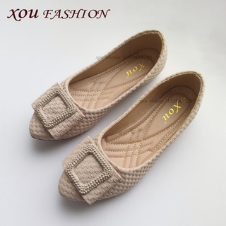 XOU Fashion Flatshoes Wanita Kain Yang Nyaman Elegan Kekinian Korean Style Grid