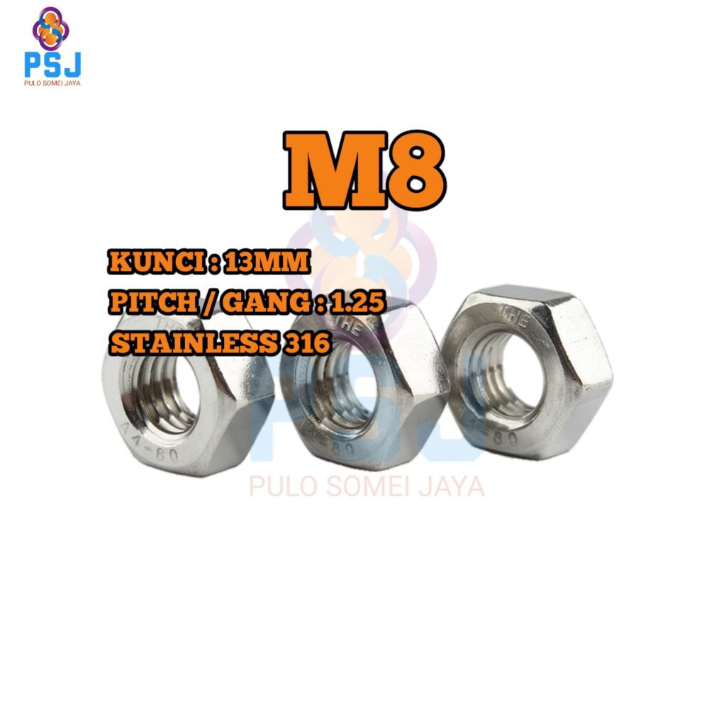 Hex Nut M8 Stainless 316 Key 13MM Pitch 1.25