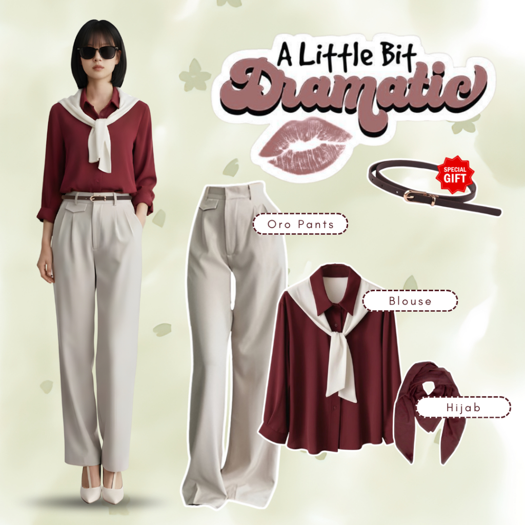 One Set ผู้หญิงสไตล์เกาหลี 4in1 เสื้อกะลาสี Oro กางเกง Hijab Bella เข็มขัดสแควร์ - KA207